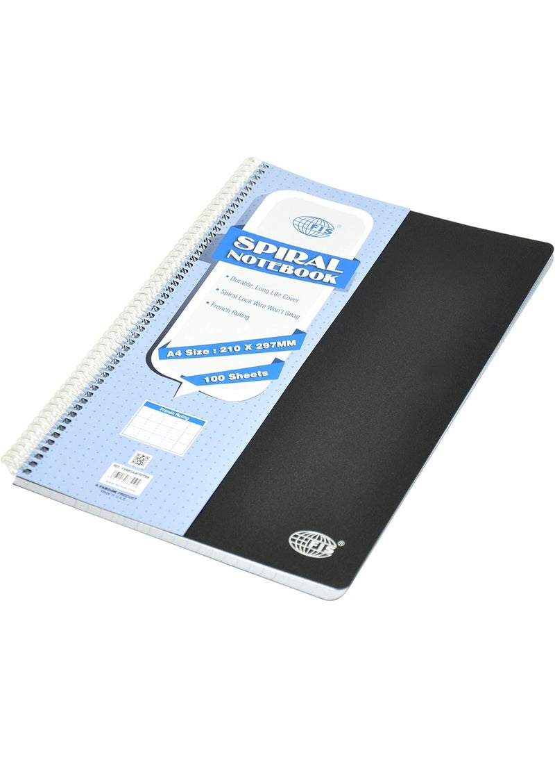 FIS Spiral PP Soft Cover Notebook, French Ruling, 100 Sheets, A4 Size, Black Color - FSNBSA4FRPPBK - Image 1